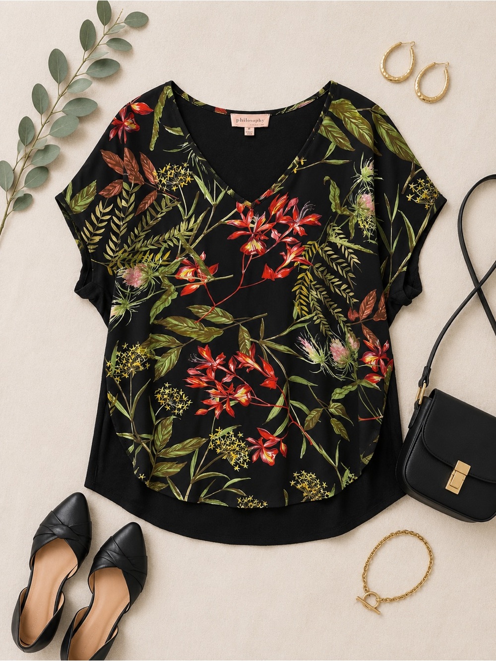 Philosophy Black Botanical Floral V-Neck Top Size Medium